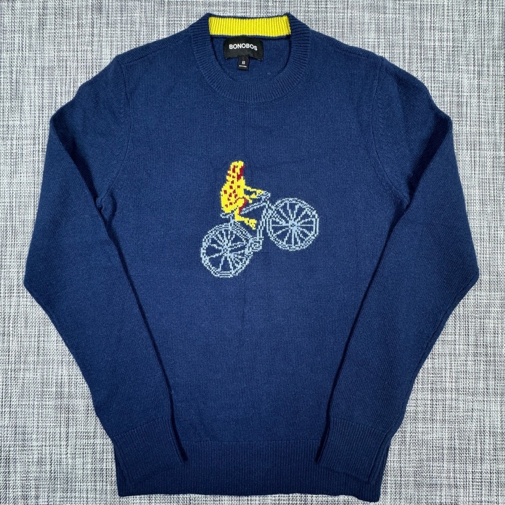 Bonobos Sweater Mens XS Navy Giraffe Bicycle Intarsia Merino Wool Alpaca Blend